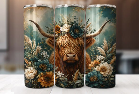 Download Teal Floral Highland Cow Tumbler Wrap - Tumbler wrap Collection